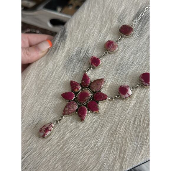 Native American SW Sterling Silver Pink Red Jasper Huge Cluster Necklace Lariat - Picture 3 of 16